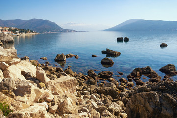 Beautiful Mediterranean landscape. Montenegro, Adriatic Sea. View of Bay of Kotor near Herceg Novi on sunny winter day