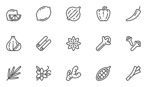 Spices, Condiments and Herbs Vector Line Icons Set. Seasonings for Marinade and Canning. Cooking Tasty and Healthy Food. National Cuisine. Editable Stroke. 48x48 Pixel Perfect.