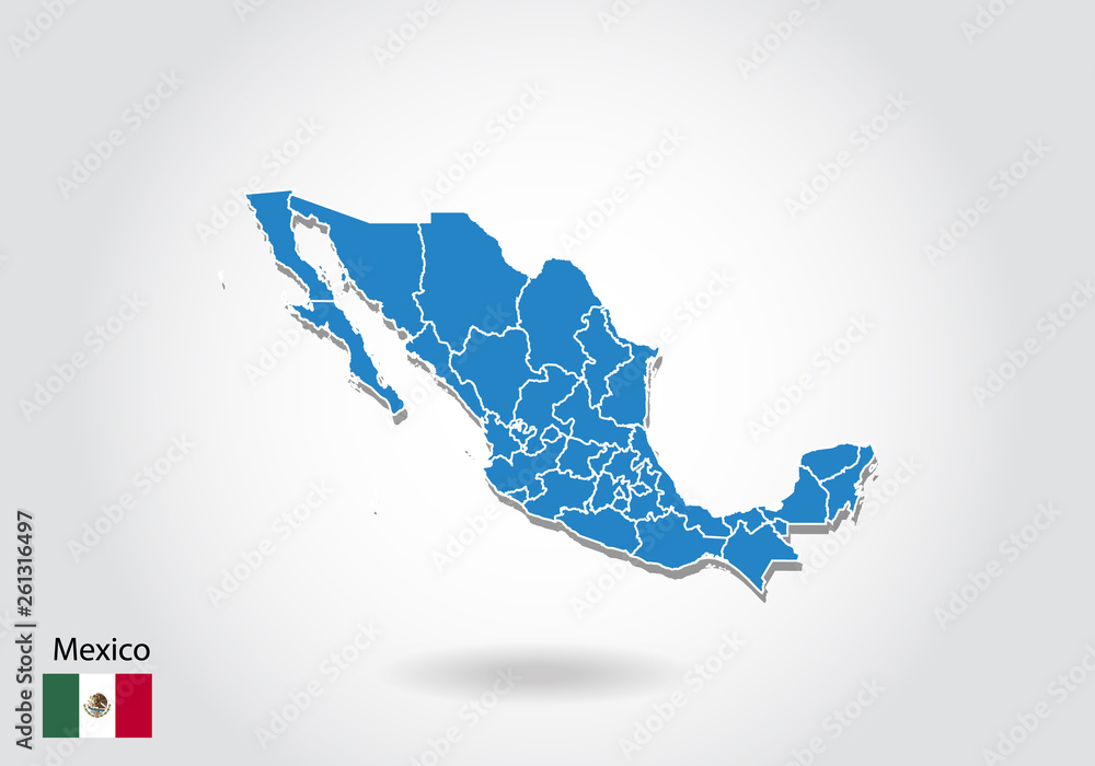Poster mexico map design with 3d style. blue mexico map and national flag. simple vector map with contour, 