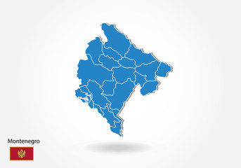 Montenegro map design with 3D style. Blue Montenegro map and National flag. Simple vector map with contour, shape, outline, on white.