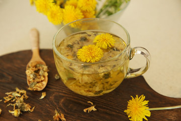 cup of tea with dandelion flowers