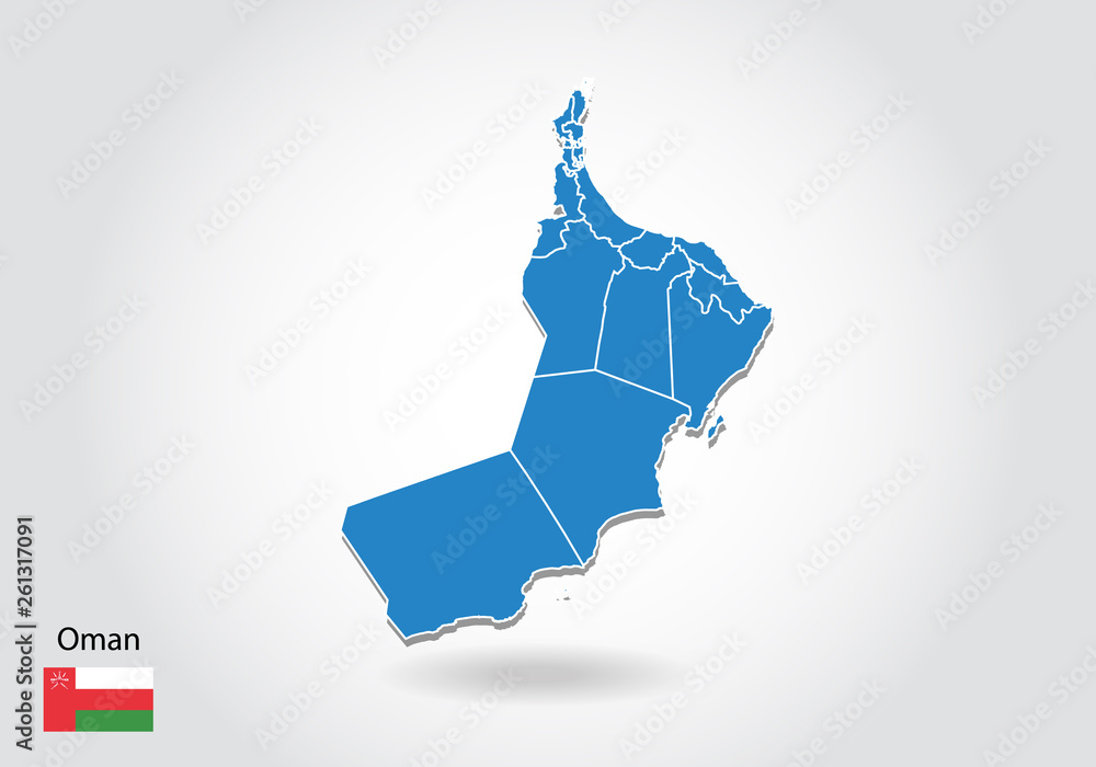 Aufkleber oman map design with 3d style. blue oman map and national flag. simple vector map with contour, shap