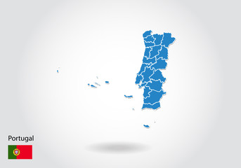 Portugal map design with 3D style. Blue Portugal map and National flag. Simple vector map with contour, shape, outline, on white.