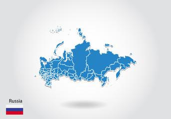 Russia map design with 3D style. Blue Russia map and National flag. Simple vector map with contour, shape, outline, on white.