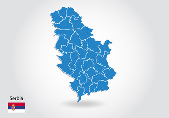 Serbia map design with 3D style. Blue Serbia map and National flag. Simple vector map with contour, shape, outline, on white.