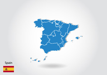 Spain map design with 3D style. Blue Spain map and National flag. Simple vector map with contour, shape, outline, on white.