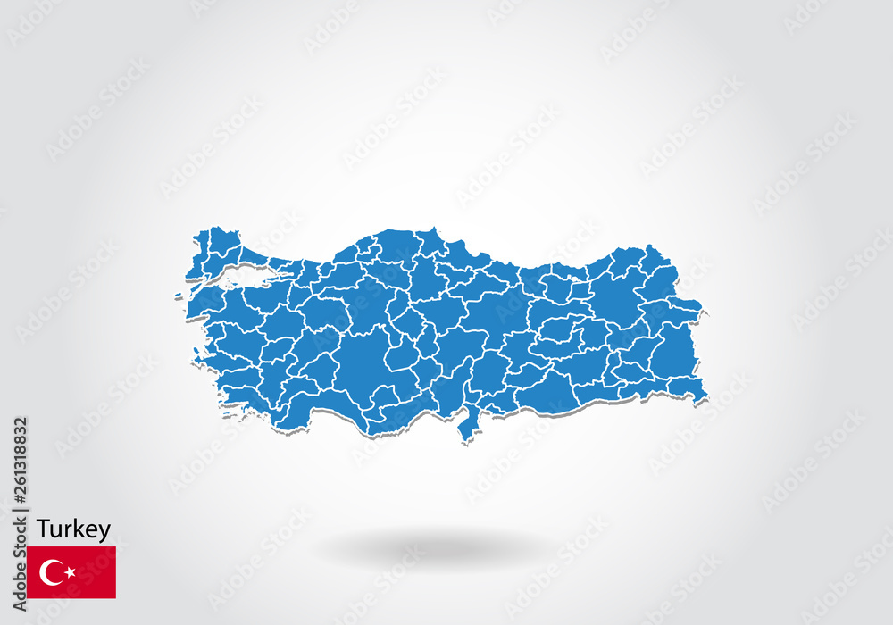 Poster turkey map design with 3d style. blue turkey map and national flag. simple vector map with contour, 