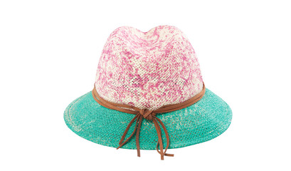 Pretty straw hat with ribbon and bow on white background. Beach hat top view isolated