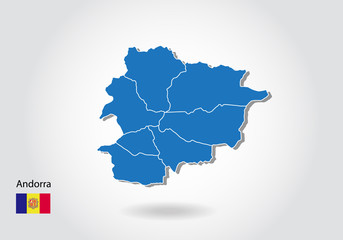 andorra map design with 3D style. Blue andorra map and National flag. Simple vector map with contour, shape, outline, on white.
