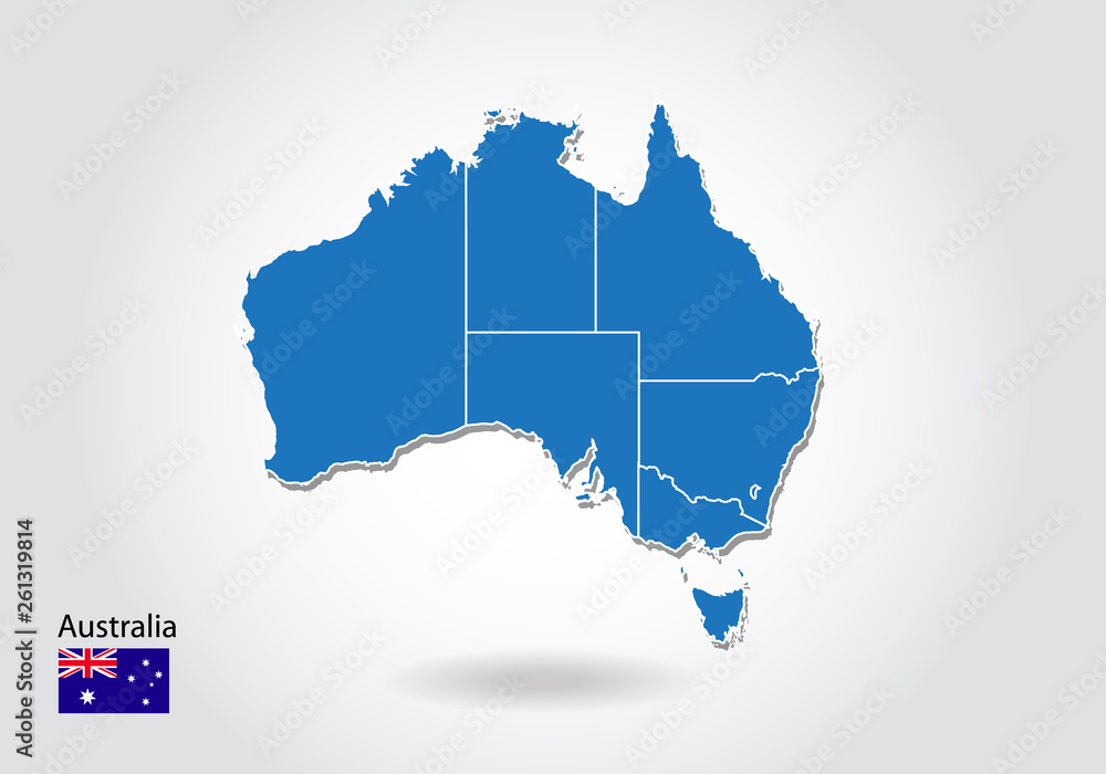 Poster australia map design with 3d style. blue australia map and national flag. simple vector map with con