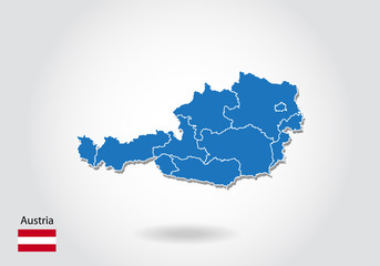Obraz premium austria map design with 3D style. Blue austria map and National flag. Simple vector map with contour, shape, outline, on white.
