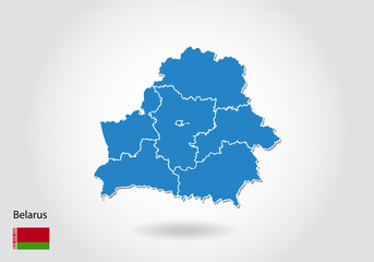 belarus map design with 3D style. Blue belarus map and National flag. Simple vector map with contour, shape, outline, on white.