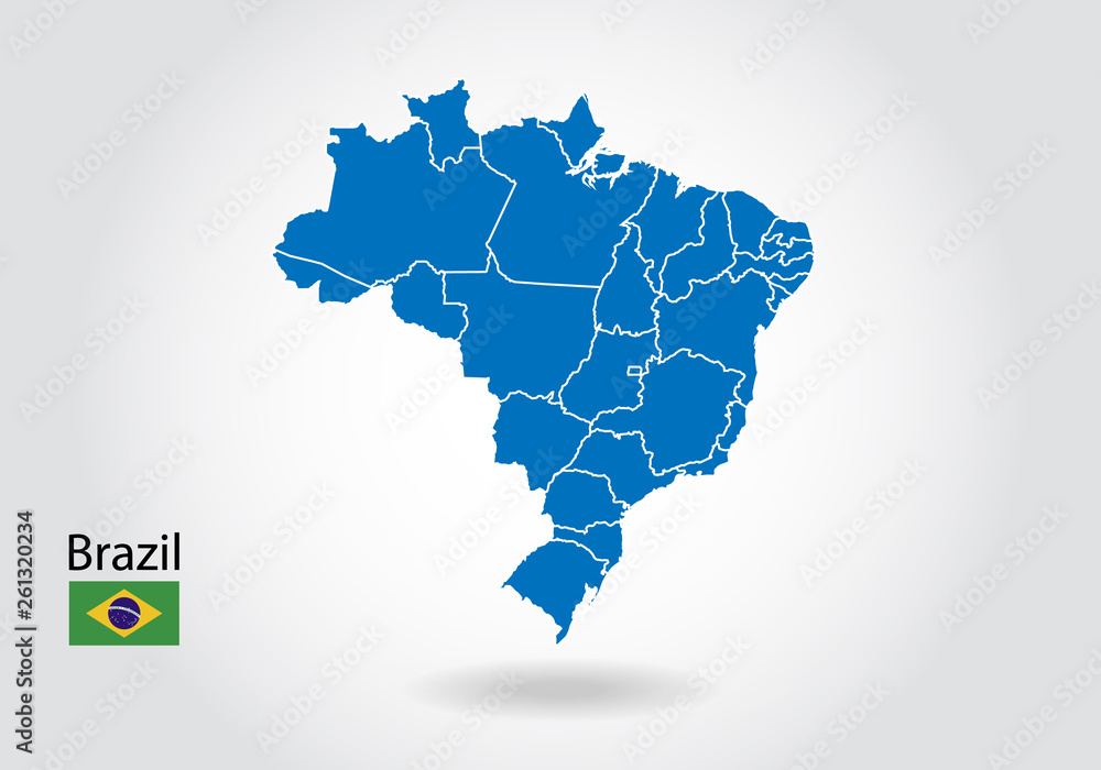 Poster brazil map design with 3d style. blue brazil map and national flag. simple vector map with contour, 