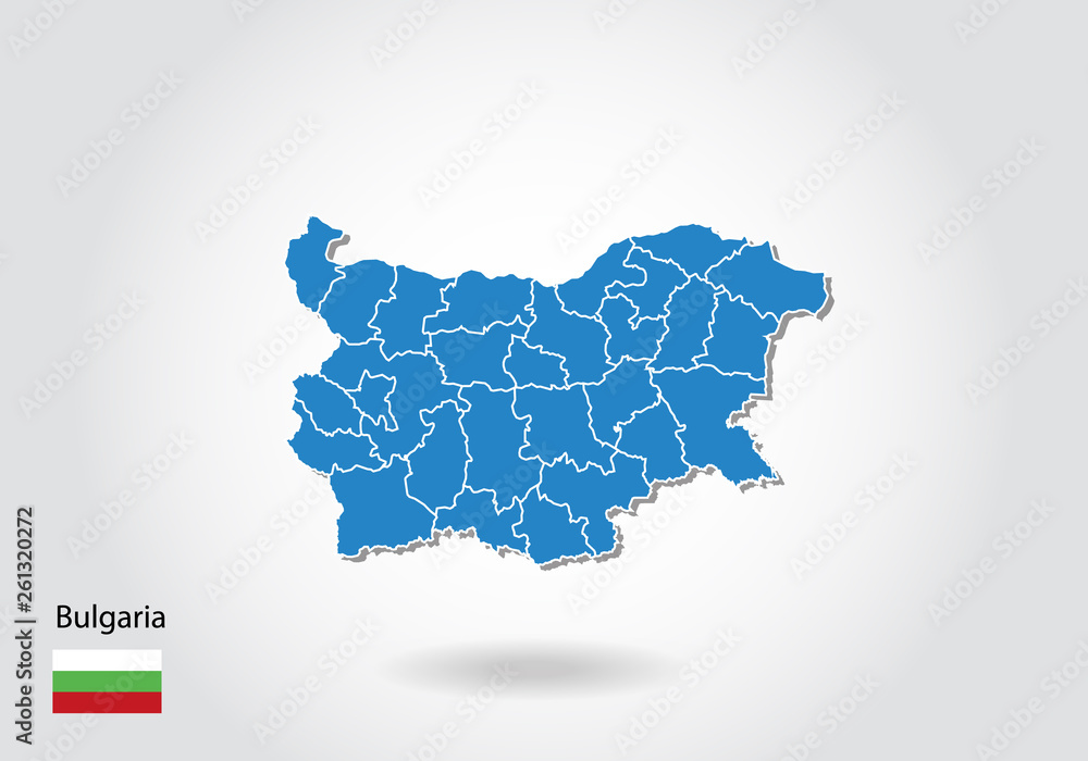 Poster bulgaria map design with 3d style. blue bulgaria map and national flag. simple vector map with conto
