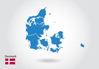 denmark map design with 3D style. Blue denmark map and National flag. Simple vector map with contour, shape, outline, on white.