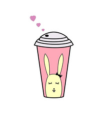 Cup of coffee with pink hearts, yellow rabbit, black bow tie. Vector paper cup of tea. Plastic hot drinks glass. Container juice in pink takeaway paper cup on white background for bar, card, cafe, log