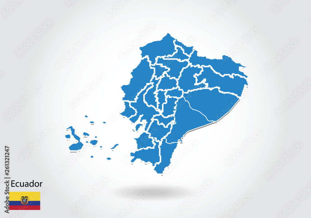 Poster ecuador map design with 3d style. blue ecuador map and national flag. simple vector map with contour