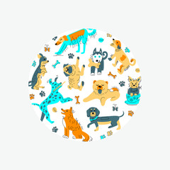 Circle shape with hand drawn sketch style dogs. Flat and line style vector illustration isolated on background.