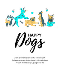 Vector illustration with hand drawn sketch style cute doggies. Place for  text. Banner for pet shop, invitation, dog cafe, show, grooming, flyers.