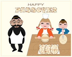 Jewish children backe traditional Jewish matzo bread for Jewish holiday Passover