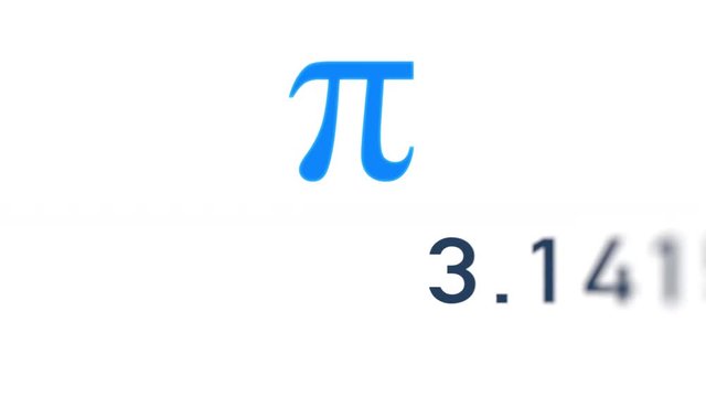 Digits of number Pi move through the frame next to Greek mathematical blue symbol Pi on white background.