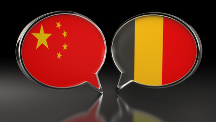 China and Belgium flags with Speech Bubbles. 3D Illustration