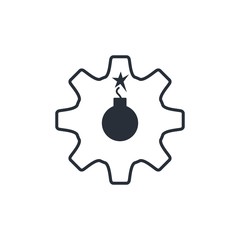 Bomb on the background gears. A technical error. Vector icon.