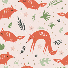 Materiał do szycia Cute foxes seamless pattern. Orange foxes on floral background. Good for print, wrapping paper, textile, fabrics, wallpaper, decor