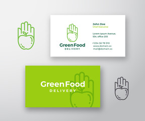 Green Food Delivery Abstract Vector Sign or Logo and Business Card Template. Premium Stationary Realistic Mock Up. Apple in a Hand or a Palm Emblem Concept with Modern Typography