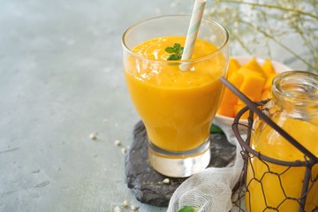 Mango Lassi / Indian mango yogurt drink, selective focus