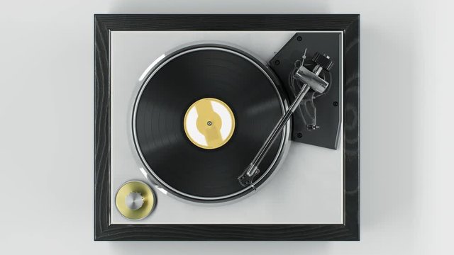 Beautiful Abstract Vintage Vinyl Record Player with Turning Disk and Moving Stylus and Needle Top View on White Background Seamless. Looped 3d Animation DJ Turntable Plate. 4k Ultra HD 3840x2160