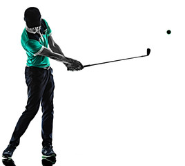 one young caucasian Man Golf golfer golfingshadow silhouette  isolated  on white background