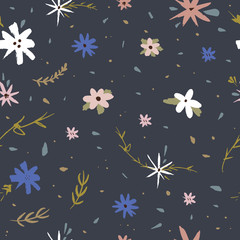 Beauty floral pattern vector image, clip art. Adorable wildflowers on dark background. Hand draw texture