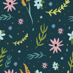 Naklejka na ściany i meble Beauty floral pattern vector image, clip art. Adorable wildflowers on dark background. Hand draw texture