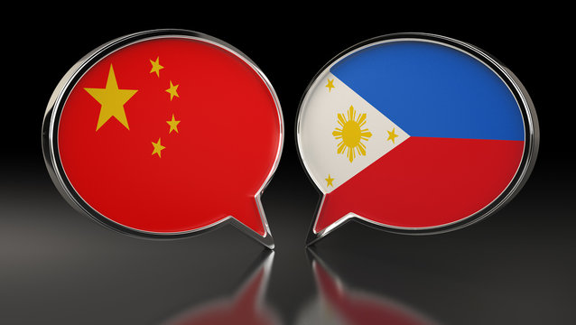 China and Philippines flags with Speech Bubbles. 3D Illustration