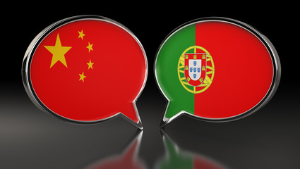 China and Portugal flags with Speech Bubbles. 3D Illustration