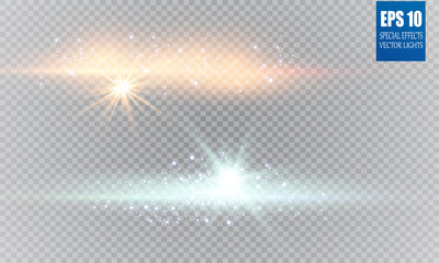 Glow light effect. Vector illustration. Christmas flash Concept. Vector illustration of abstract flare light rays. Sunrise, dawn. Vector transparent sunlight. Special lens flare light effect