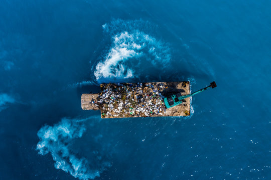 Aerial view, plastic garbage, garbage - disposal. Waste transportation with an excavator, South Male Atoll Maldives, Asia