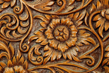 Texture of flower art on wood sculpture, unique special design handmade wood work, making furniture, decorative or souvenir, important export product of Thailand, popular gift for foreigner in market