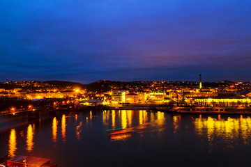 Fototapeta premium Aerial view of Prague, Czech Republic at sunset with cloudy sky
