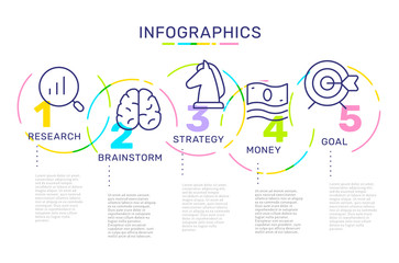 Vector infographic template with connected options and steps with business icons on white background with words and text.