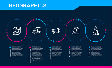 Vector infographic template with path with options and steps, business icons, text on black background.