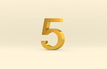 Abstract luxury 3d number 5. Gold texture, 3d render.