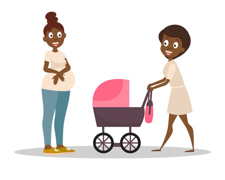 Group of women. Mom pushing her baby in a stroller. Dark-skinned pregnant woman on the walk. Vector Illustration Baby care concept.