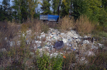 Ecology of Ukraine. Nature near Ukrainian capital.Environmental contamination. Illegal junk dump. Near Kiev, Ukraine