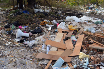 Ecology of Ukraine. Nature near Ukrainian capital.Environmental contamination. Illegal junk dump....