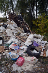 Ecology of Ukraine. Nature near Ukrainian capital.Environmental contamination. Illegal junk dump. Near Kiev, Ukraine