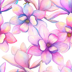 Fototapeta na wymiar Watercolor beautiful magnolia flowers seamless pattern background. Watercolour spring elegant botanical illustration