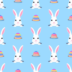 Cute bunny looks out of the hole. Easter egg hunt. White rabbit cartoon character seamless pattern.