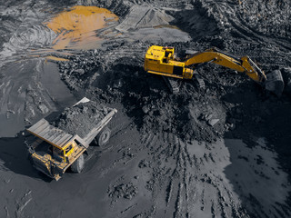 Open pit mine, extractive industry for coal, top view aerial drone